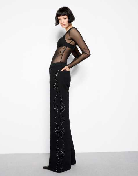 Bershka – Jeans in Schwarz mit niedrigem Bund, weitem Bein und Nieten - view 1