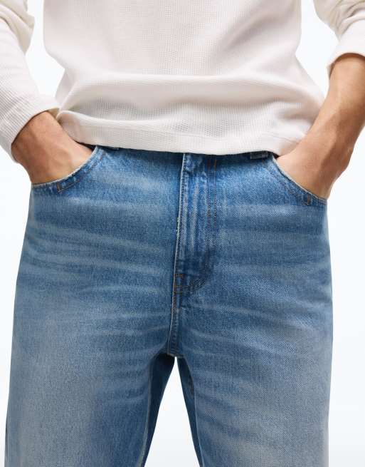 Bershka - Jeans larghi a zampa blu medio, 3 di 4