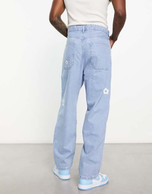 Bershka - Jeans larghi blu con fiori ricamati, 2 di 4