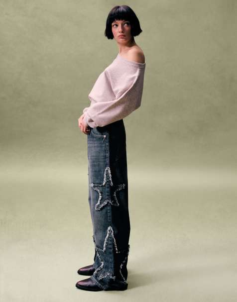 Bershka - Jeans larghi blu con stelle ricamate - view 1