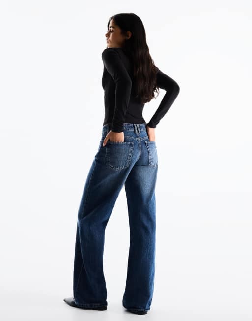 Bershka jeans med hög midja, vida raka ben, i denimblått, 3 av 5