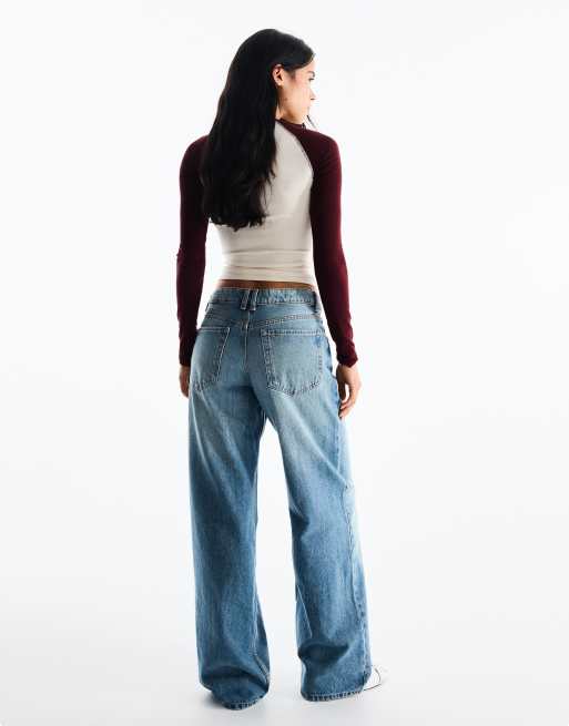 Bershka jeans med hög midja, vida raka ben i mellanblått, 3 av 5
