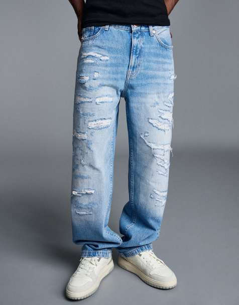 Bershka jeans med lige, brede ben og flænger i mellemblå - view 1