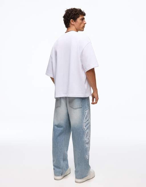 Bershka jeans med sidopatchar i mellanblå tvätt, 3 av 5