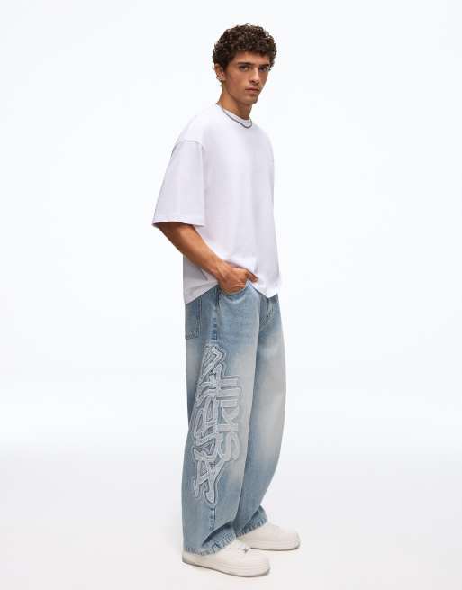 Bershka jeans med sidopatchar i mellanblå tvätt, 4 av 5