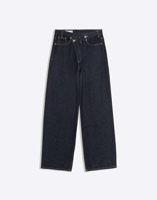 Bershka jeans med vida ben och korsad midja i blått, 5 av 5