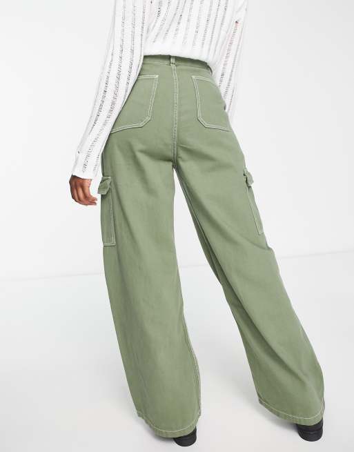 Bershka - Jeans met contrasterende naden en cargodetail in kaki, 2 van 4
