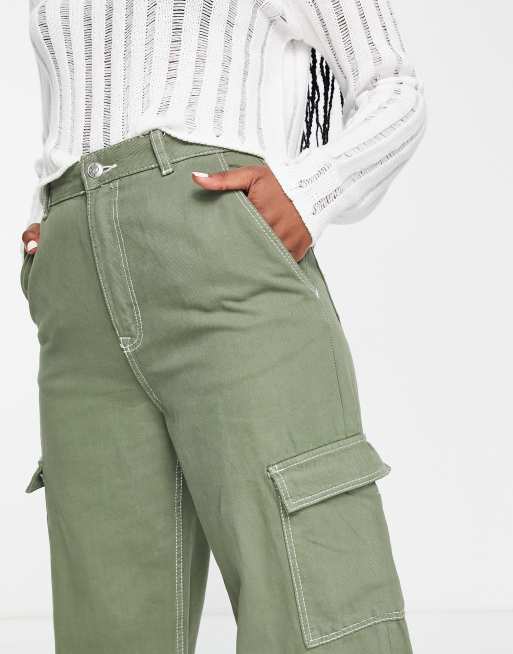 Bershka - Jeans met contrasterende naden en cargodetail in kaki, 3 van 4