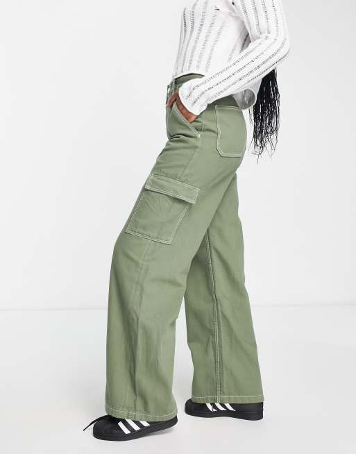 Bershka - Jeans met contrasterende naden en cargodetail in kaki, 4 van 4