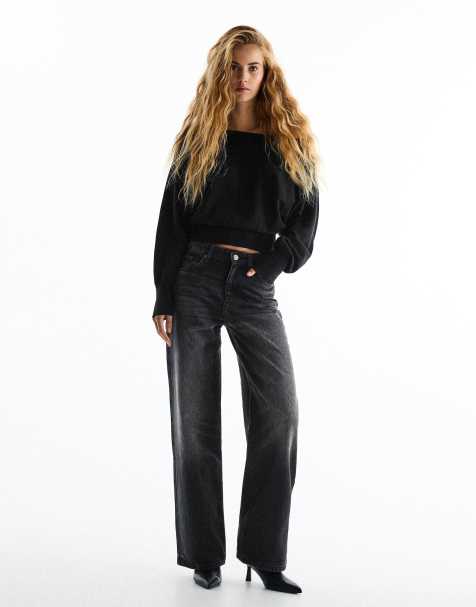 Bershka jeans met hoge taille en wijde pijpen in zwart - view 1