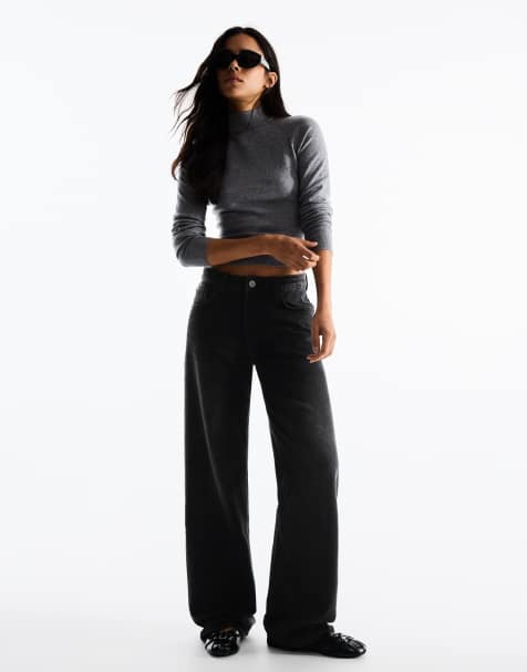 Bershka jeans met hoge taille en wijde rechte pijpen in zwart - view 1