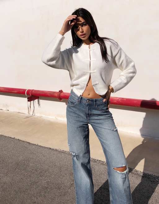 Bershka jeans met hoge taille, wijde pijpen en scheuren in blauw, 2 van 5