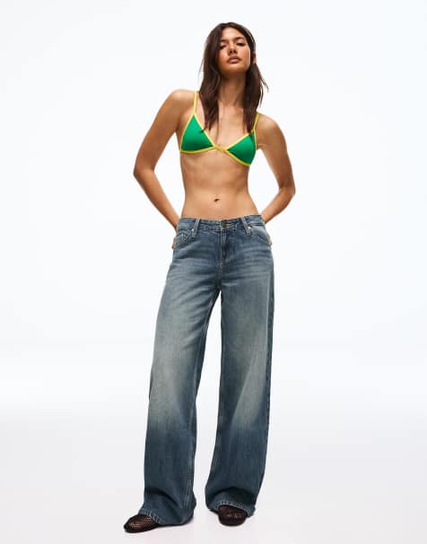 Bershka jeans met lage taille en rechte pijpen in blauw - view 1