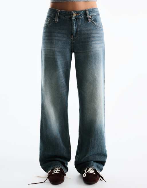 Bershka jeans met lage taille en rechte pijpen in blauw, 2 van 6