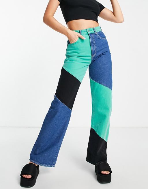 Bershka - Jeans met patchwork en wijde pijpen in blauw, groen en zwart