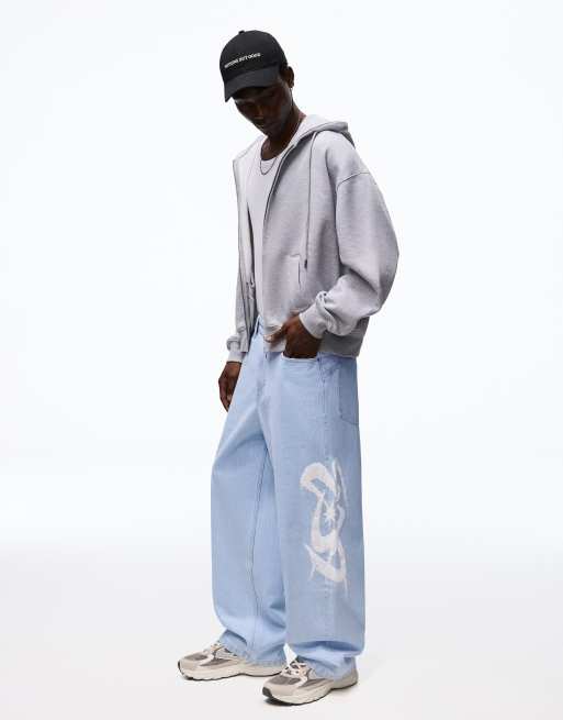 Bershka jeans met print, super baggy, lichtblauw, 2 van 4