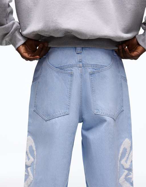 Bershka jeans met print, super baggy, lichtblauw, 4 van 4
