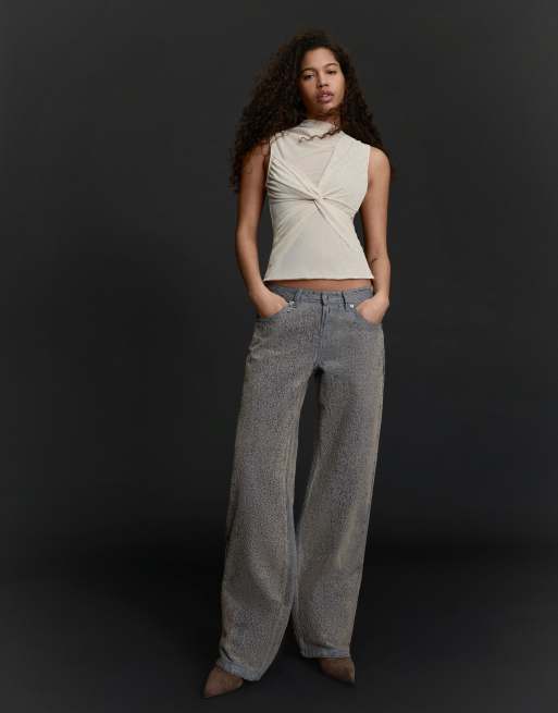Bershka - Jeans met rechte pijpen, lage taille en textuur in blauw, 3 van 4