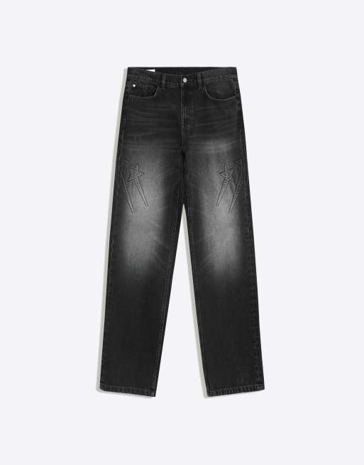 Bershka jeans met wassing en reliëfdetail in zwart, 5 van 6