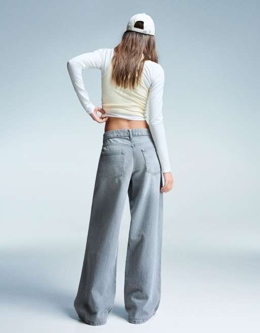 Bershka - Jeans met wijde pijpen en lage taille in lichtgrijs, 3 van 3