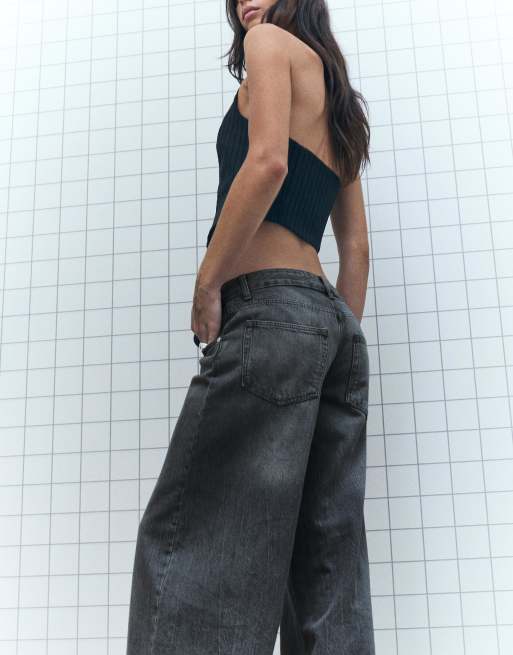 Bershka - Jeans met wijde pijpen en lage taille in zwart, 4 van 4