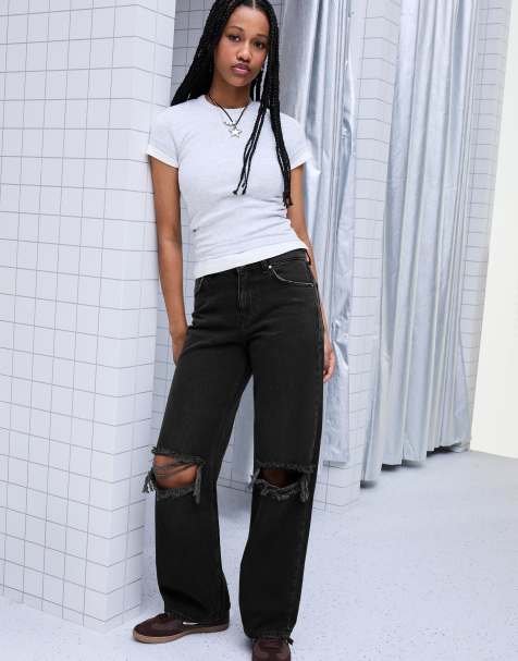 Bershka - Jeans met wijde pijpen, hoge taille en scheuren in zwart - view 1