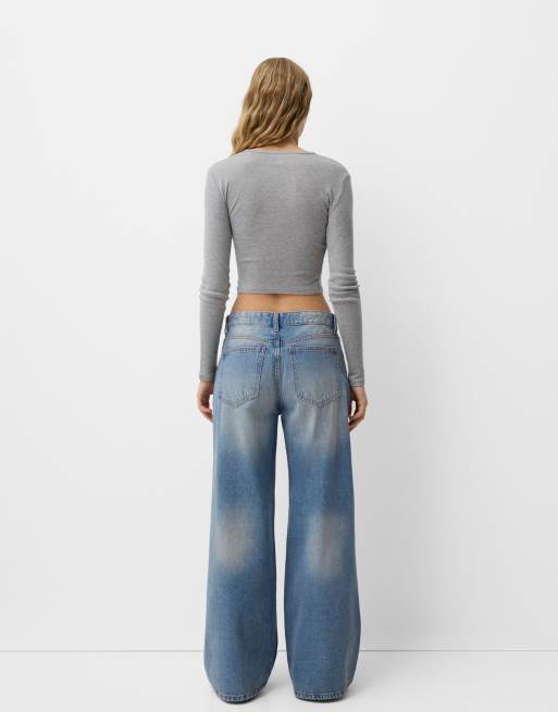 Bershka - Jeans met wijde pijpen in blauw, 3 van 4