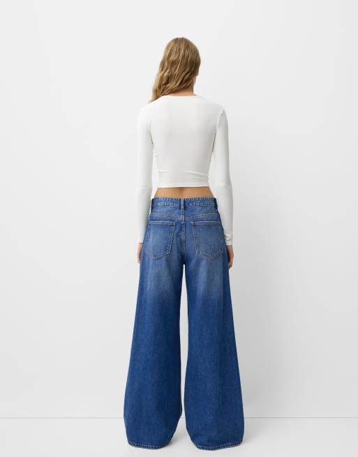 Bershka - Jeans met wijde pijpen in denimblauw, 4 van 4