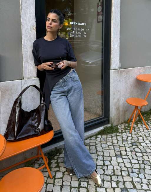 Bershka - Jeans met wijde pijpen in middenblauw, 3 van 6