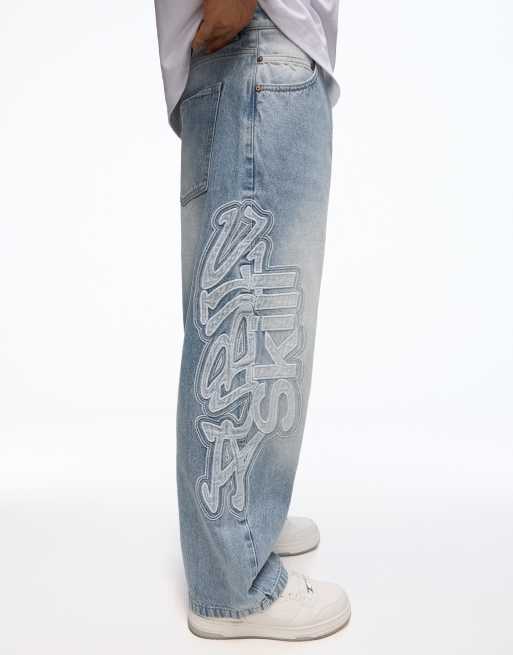 Bershka jeans met zijpatches in middenblauw, 2 van 5