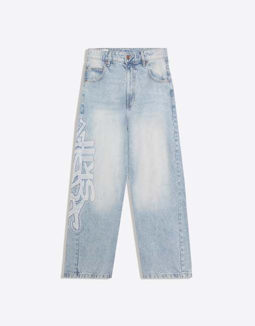 Bershka jeans met zijpatches in middenblauw, 5 van 5