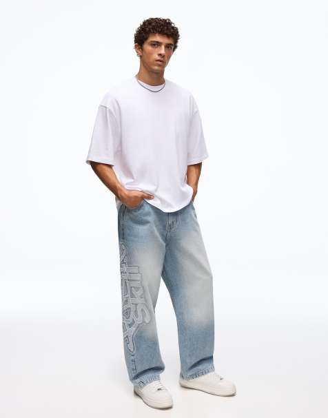 Bershka Jeans mit seitlichen Patches in Mittelblau - view 1
