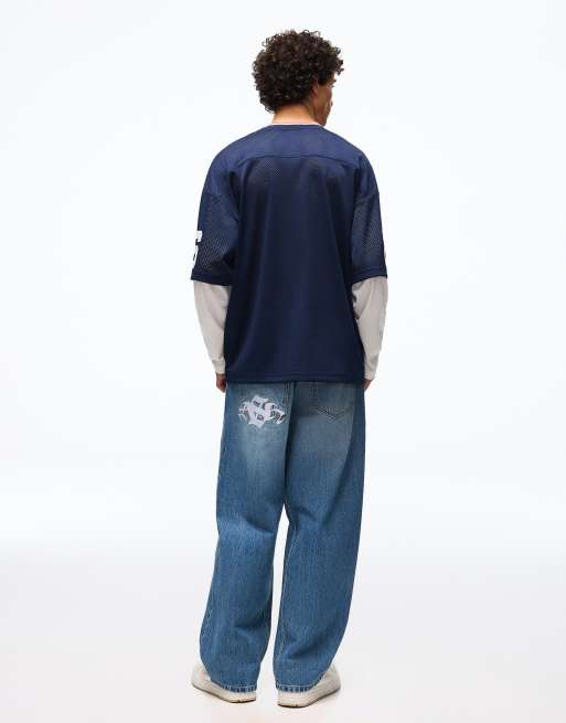 Bershka - Jeans neobarrel blu medio ricamati, 3 di 4