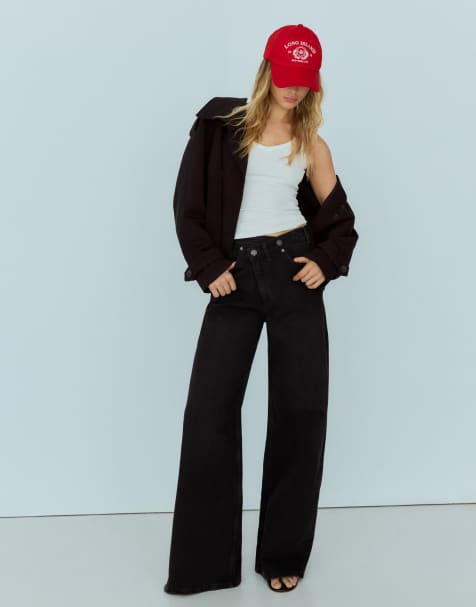 Bershka jeans neri a gamba larga con vita incrociata - view 1