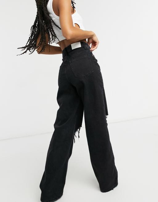 Bershka Jeans neri anni 90 con fondo ampio e tagli sulle ginocchia