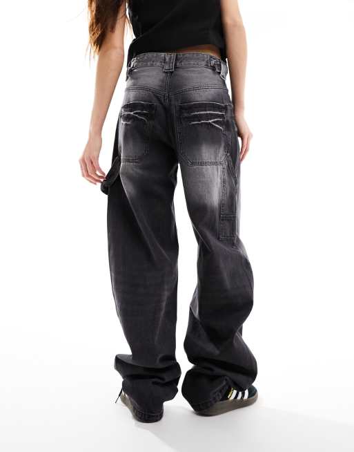 Bershka - Jeans nero slavato con vita regolabile, 3 di 5