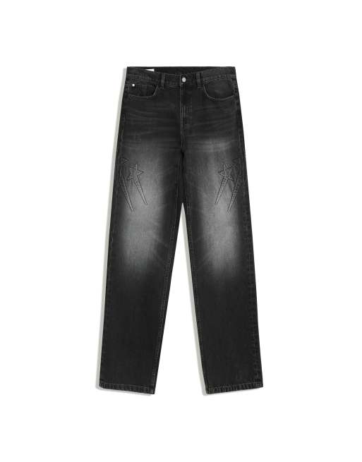 Bershka jeans slavati neri con dettaglio goffrato, 6 di 6