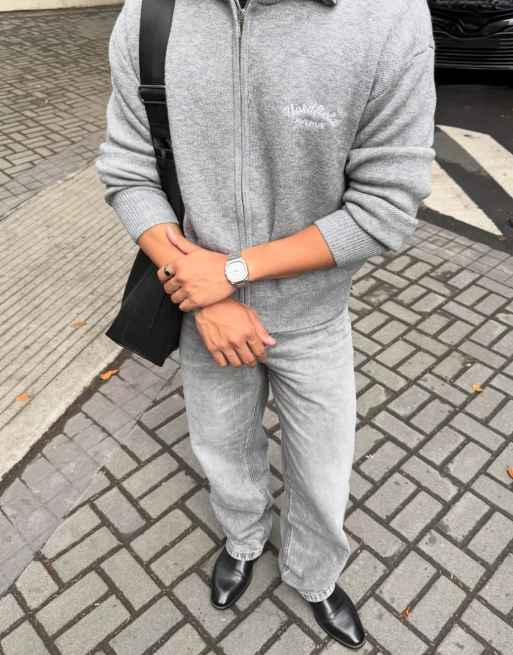 Bershka - Jeans super ampi grigio chiaro ricamati, 2 di 4