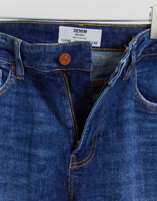 Bershka - Jeans super skinny con strappi sul ginocchio blu medio, 4 di 4