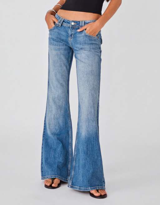 Bershka jeans svasati a vita bassa ricamati blu, 5 di 6