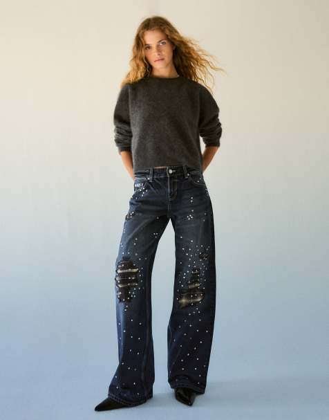 Bershka jeans vita bassa dritti strappati borchiati in denim blu - view 1