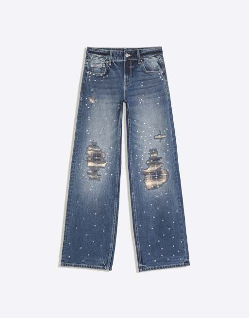 Bershka jeans vita bassa dritti strappati borchiati in denim blu, 5 di 5