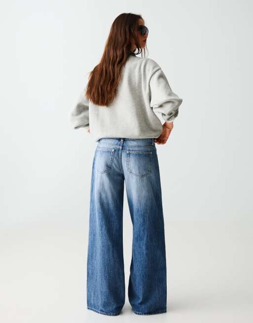 Bershka jeans wide leg a vita bassa blu medio, 3 di 5