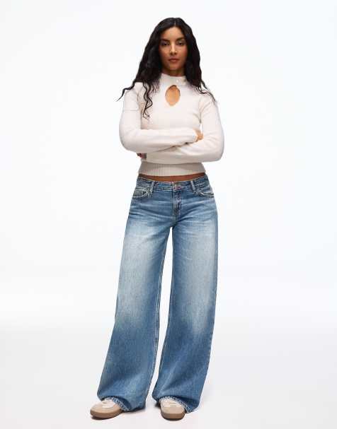 Bershka jeans wide leg a vita bassa blu medio - view 1