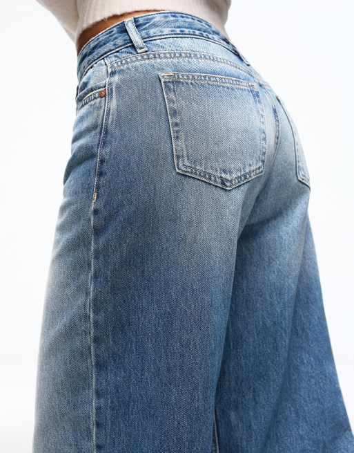 Bershka jeans wide leg a vita bassa blu medio, 4 di 5