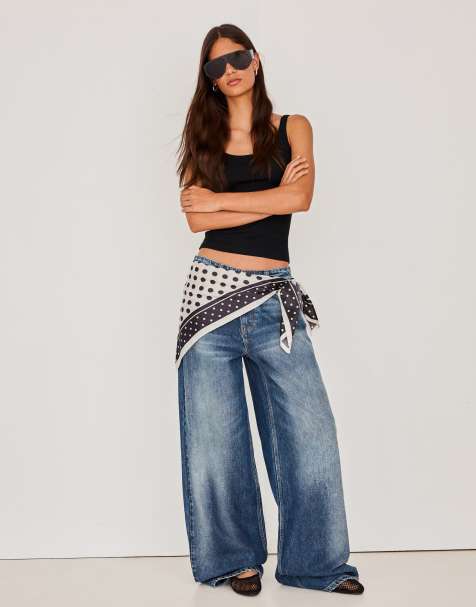 Bershka jeans wide leg strappati a vita alta blu denim - view 1