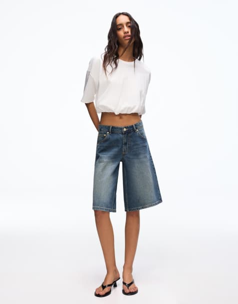 Bershka – Jeansblå, baggy bermudashorts i denim - view 1