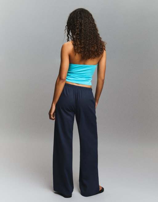 Bershka – Jeansblå byxor med elastiskt midjeband i linnemix, 2 av 4