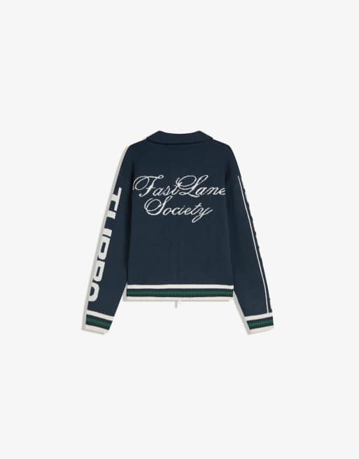 Bershka – Jeansblå jacka med dragkedja och broderi
