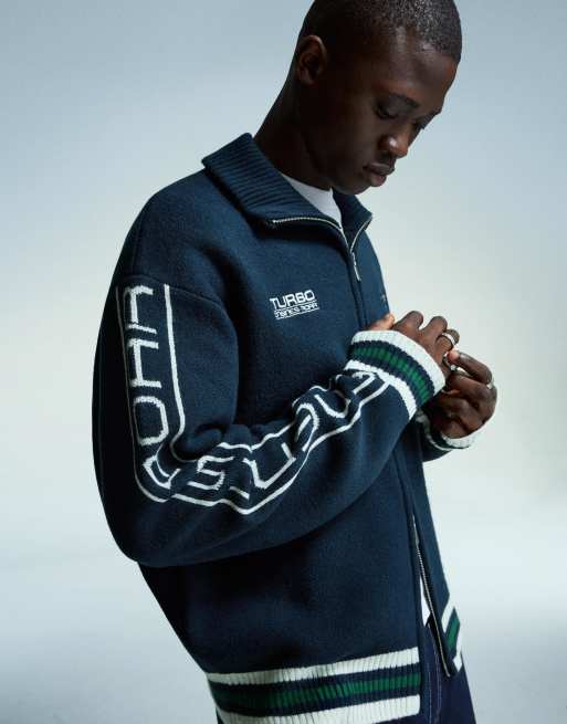 Bershka – Jeansblå jacka med dragkedja och broderi